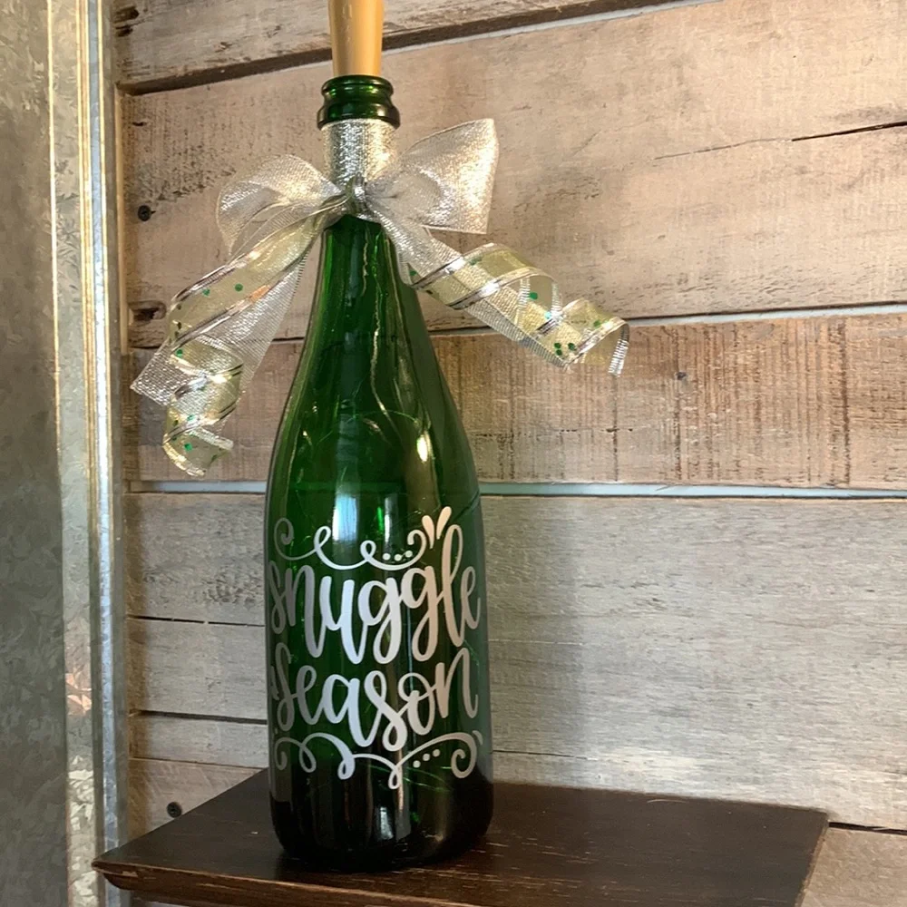 Hand Crafted- ‘Snuggle Season’ green wine bottle lantern